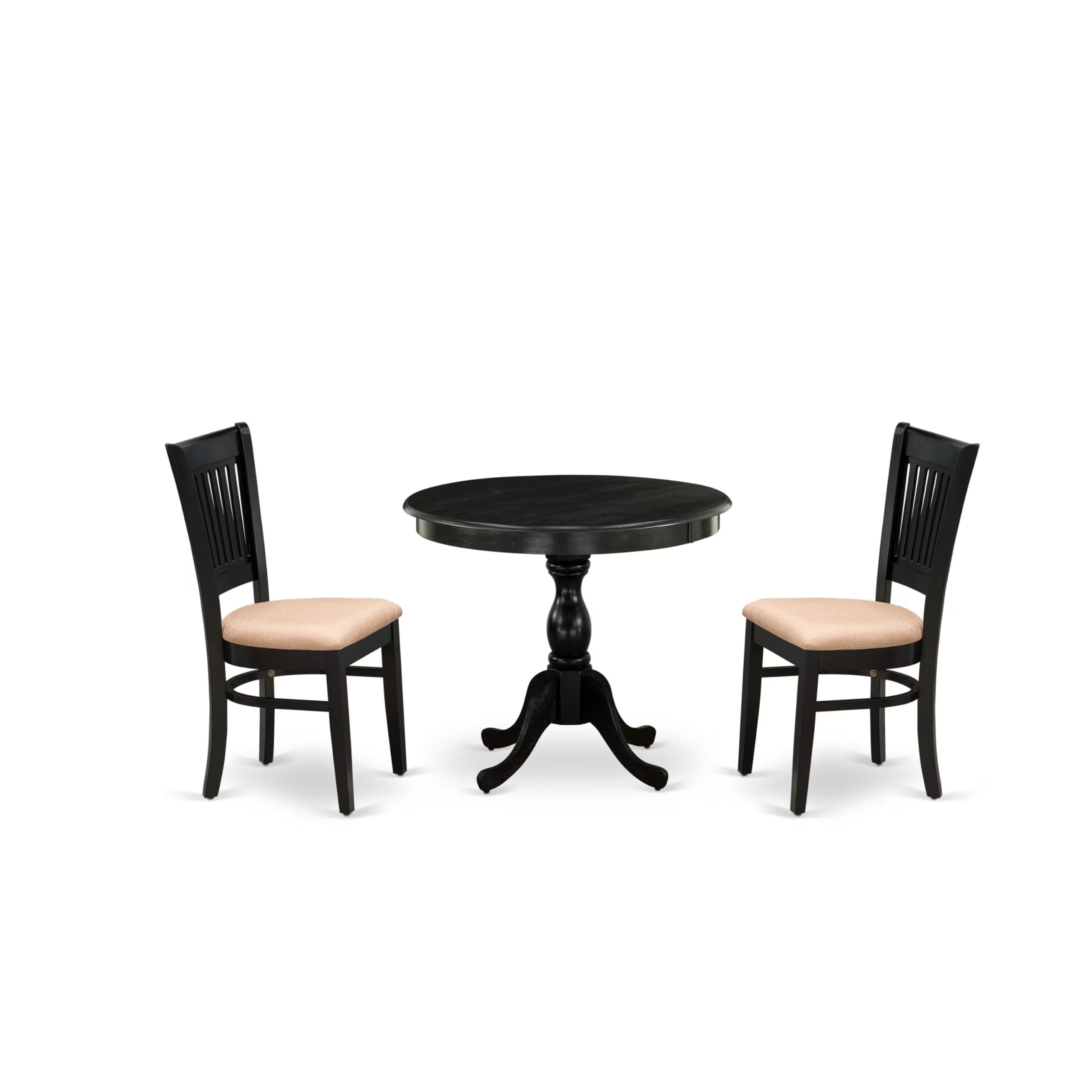 East West Furniture Amva3-Blk-C 3 Piece Dining Room Furniture Set Contains A Round Dining Table With Pedestal And 2 Linen Fabric Upholstered Chairs, 36X36 Inch, Black